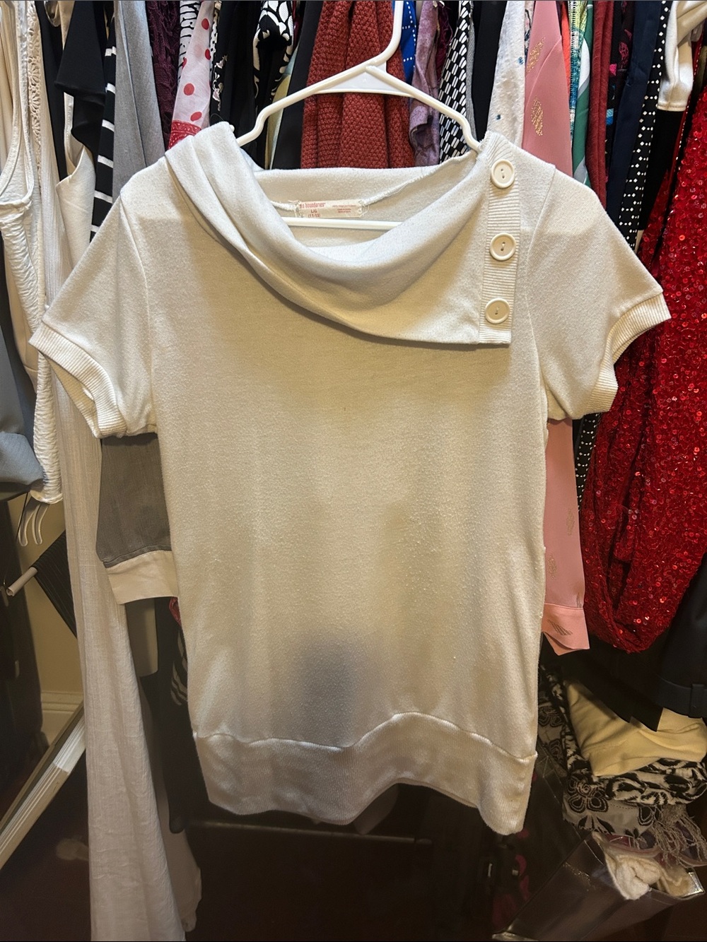 No Boundaries Cream Short Sleeve Cowl Neck Top with Button Details